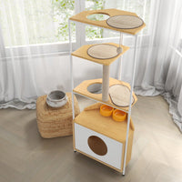 Corner Cat Tower with Scratching Post and Feeding Station Multi-Functional Indoor Cat Condo Space-Saving Design