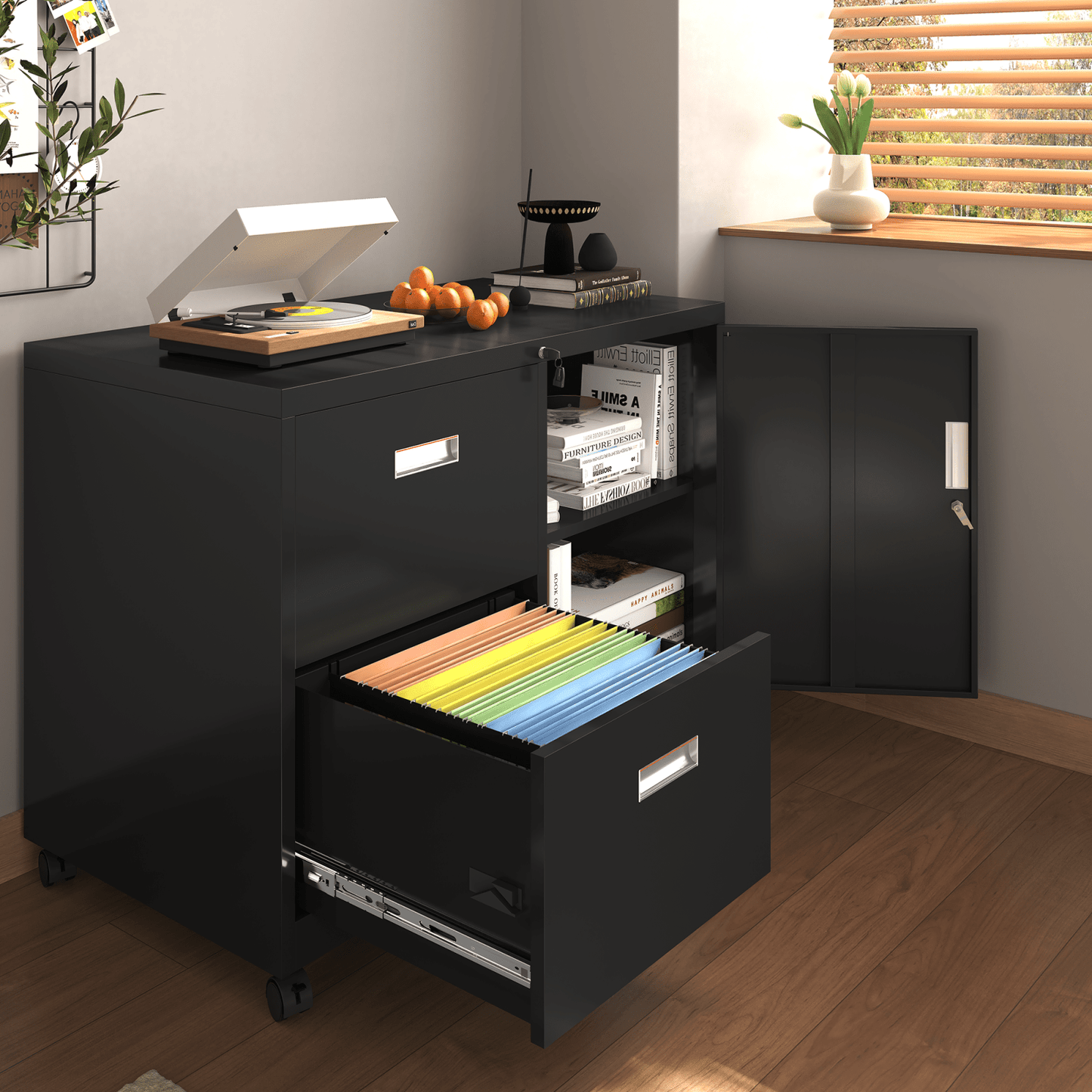 Mobile Lateral Filing Cabinet with Lock 2 Drawers Adjustable Shelves Anti-Corrosion Sturdy Design Wheels for Easy Movement