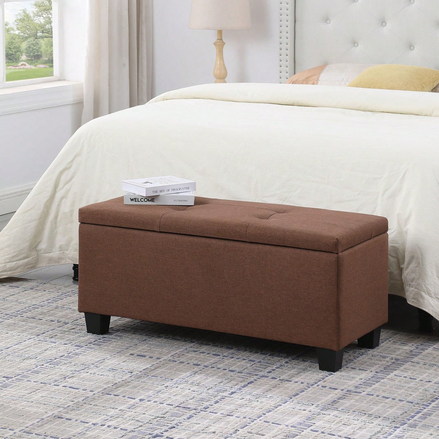 Versatile 3-in-1 Storage Ottoman Bench Set with Tufted Linen for Living Room Entryway Bedroom Supports 250lbs Easy Assembly