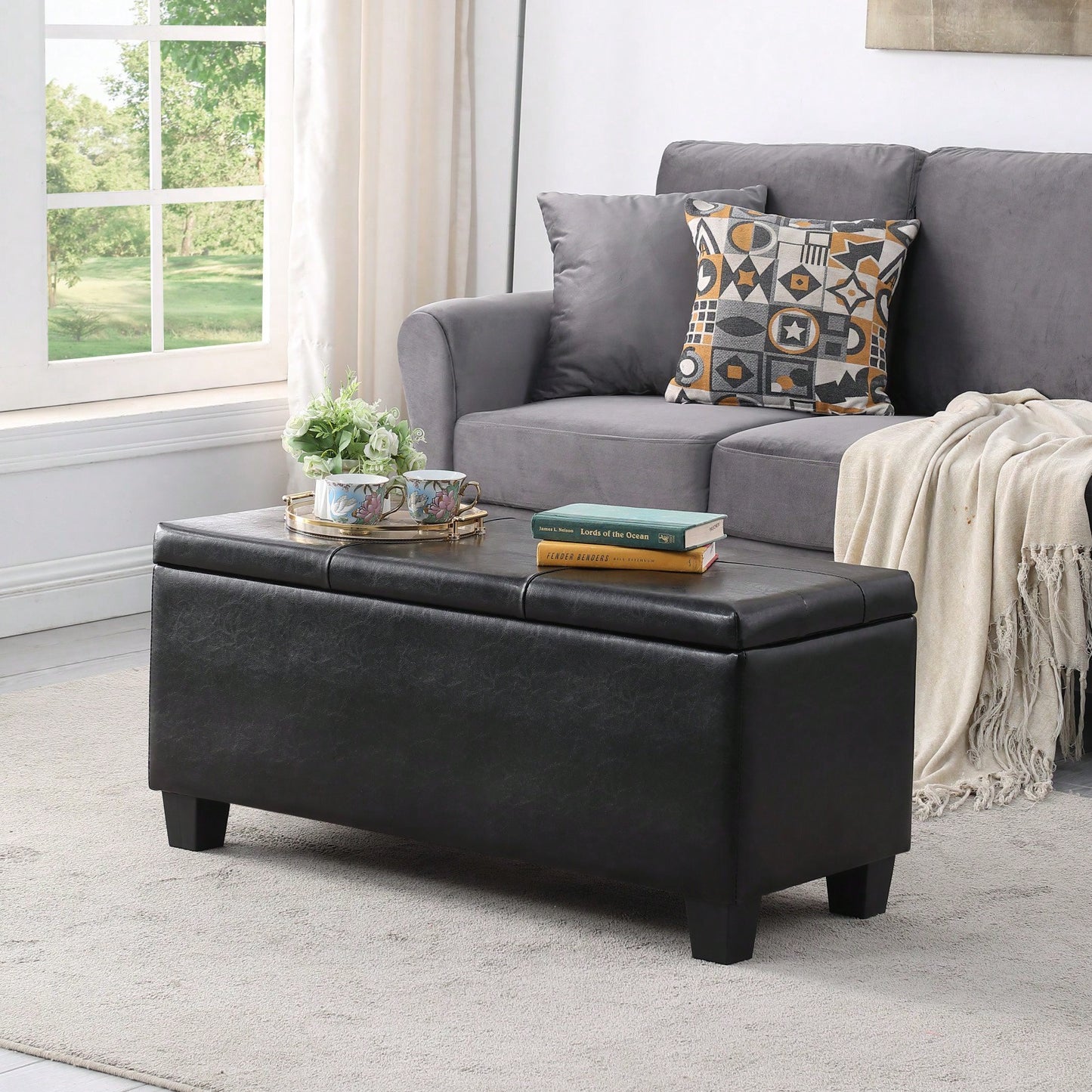 Versatile 3-in-1 Storage Ottoman Bench Set with Tufted Linen for Living Room Entryway Bedroom Supports 250lbs Easy Assembly