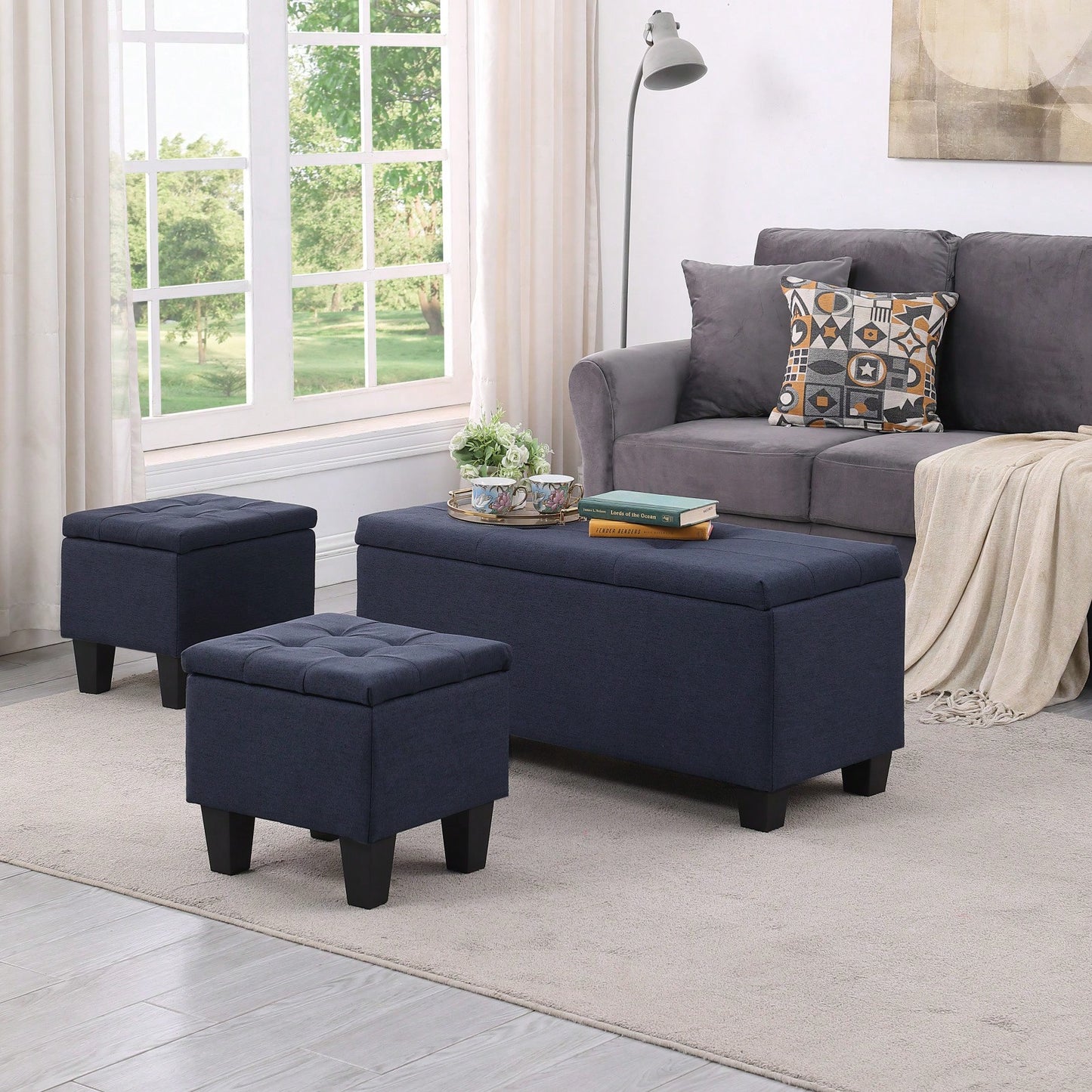 Versatile 3-in-1 Storage Ottoman Bench Set with Tufted Linen for Living Room Entryway Bedroom Supports 250lbs Easy Assembly