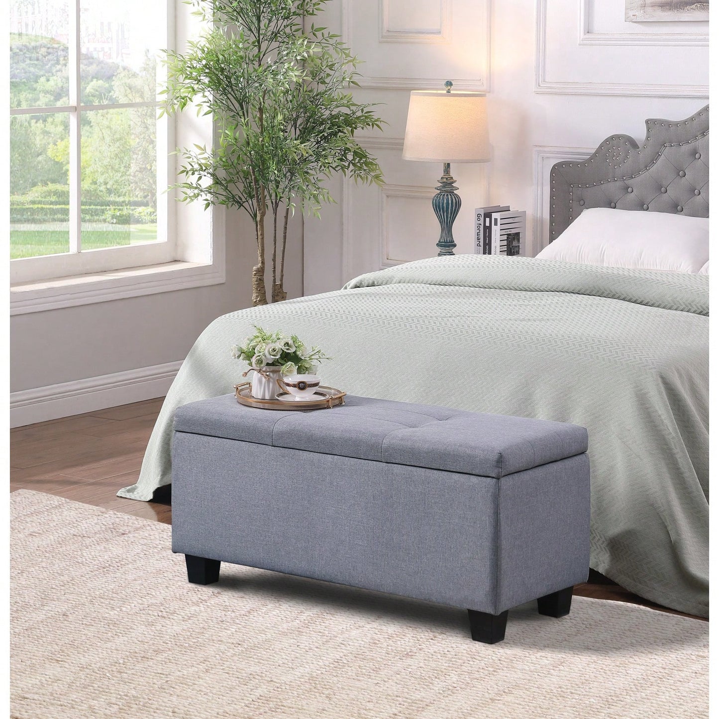 Versatile 3-in-1 Storage Ottoman Bench Set with Tufted Linen for Living Room Entryway Bedroom Supports 250lbs Easy Assembly