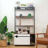 Stylish Multifunctional Cat Litter Box Enclosure with Hidden Scratching Post and Shelves for Space-Saving Homes