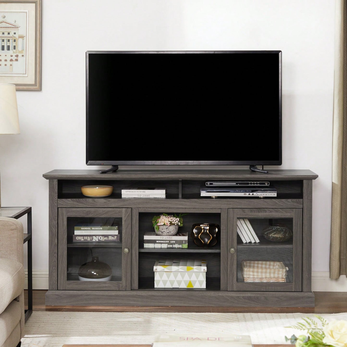 Modern TV Media Stand for 65 Inch TVs with Open and Closed Storage Classic American Design 60W x 15.75D x 29H