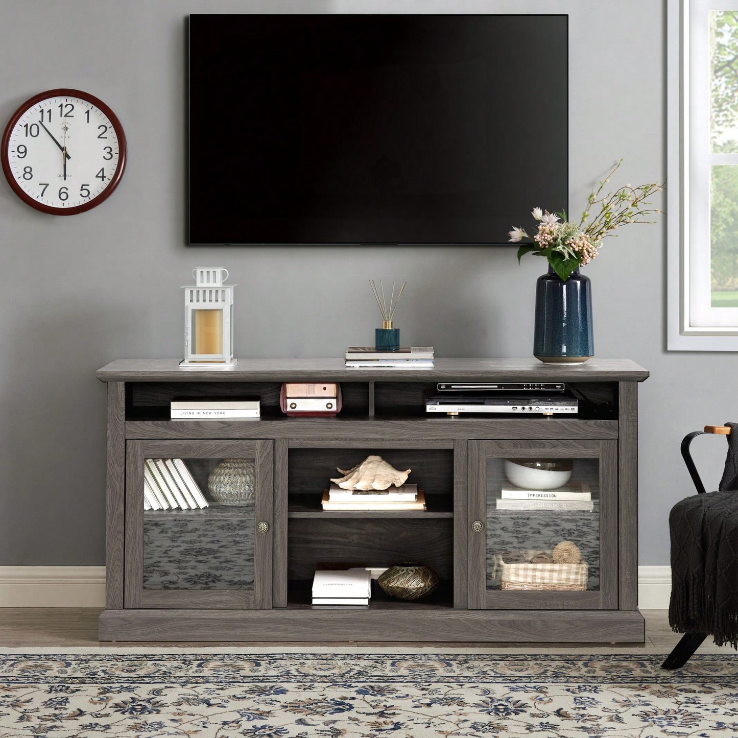 Modern TV Media Stand for 65 Inch TVs with Open and Closed Storage Classic American Design 60W x 15.75D x 29H