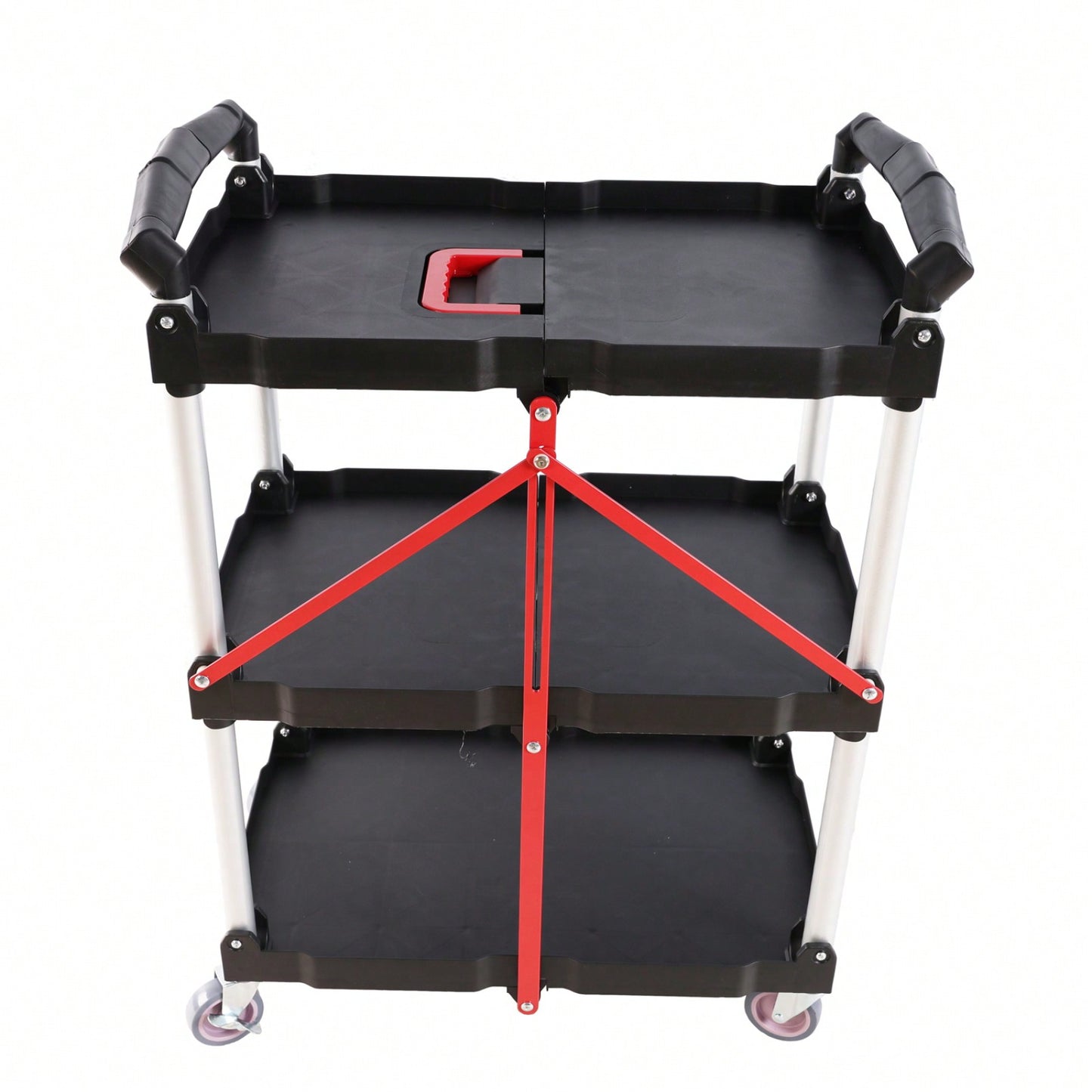 Folding Service Car With Wheels, Three-Layer Practical Trolley, Folding Storage Cart