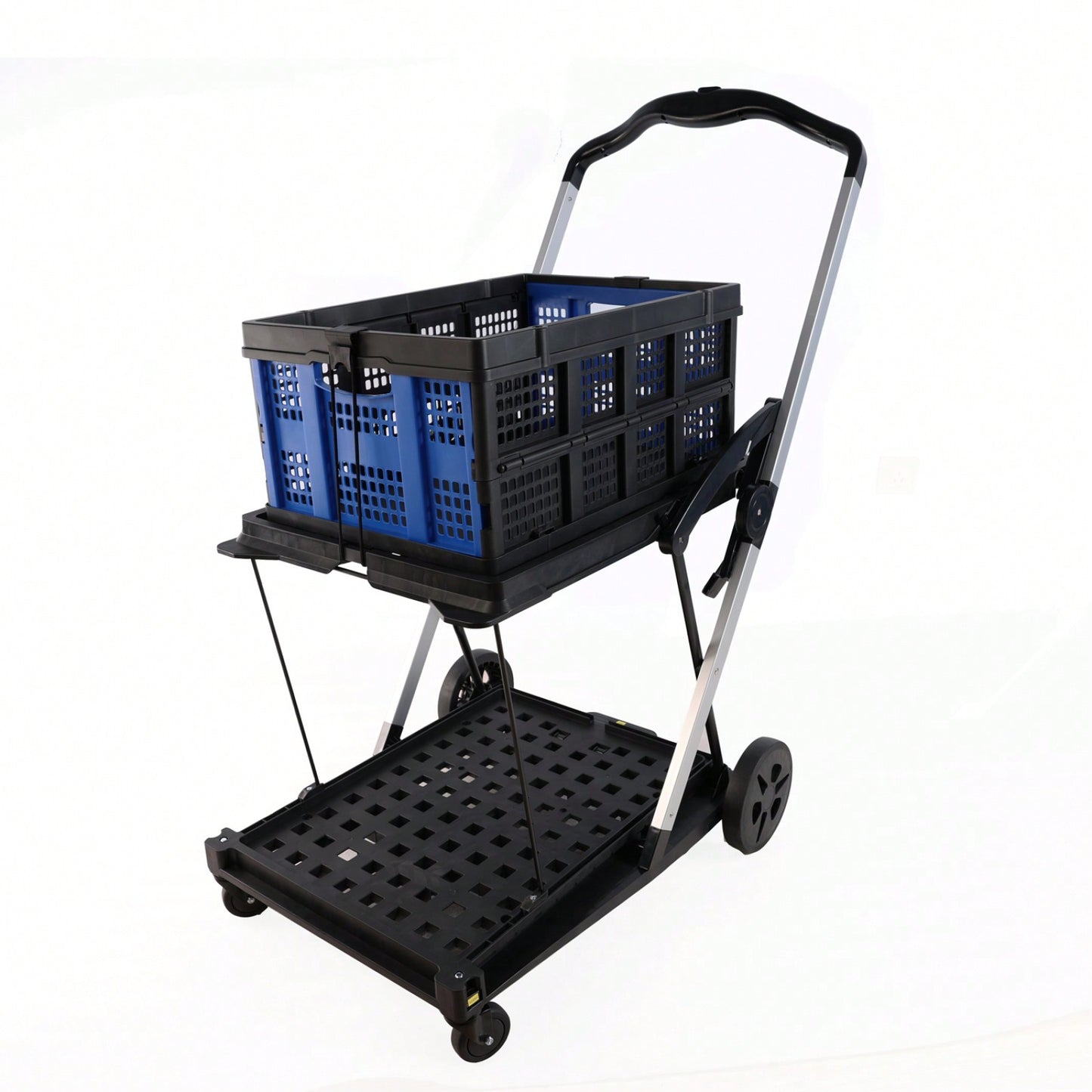 Collapsible Double-Decker Folding Cart with Wheels for Shopping Office Library Warehouse Durable Aluminum Frame