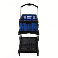 Collapsible Double-Decker Folding Cart with Wheels for Shopping Office Library Warehouse Durable Aluminum Frame