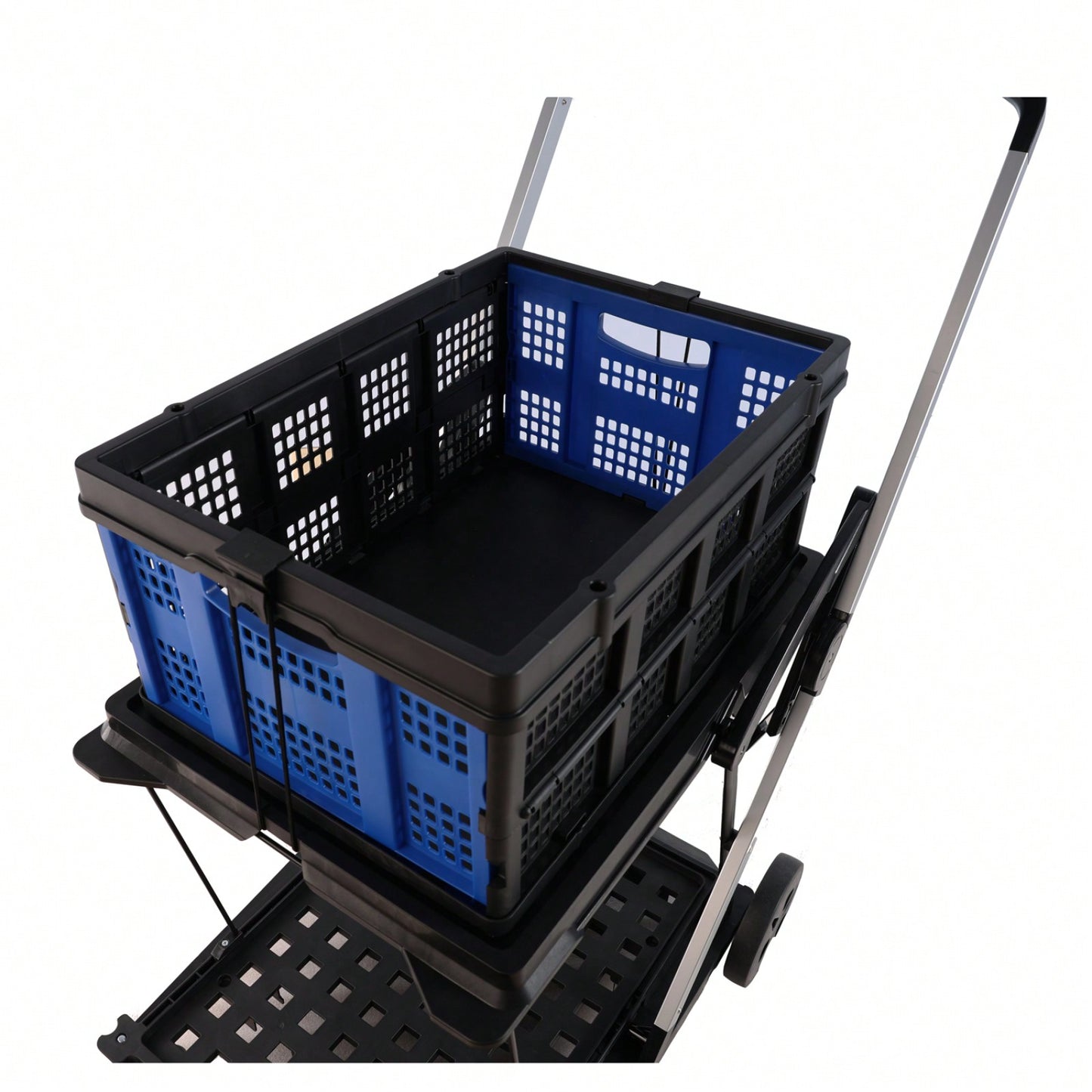 Collapsible Double-Decker Folding Cart with Wheels for Shopping Office Library Warehouse Durable Aluminum Frame