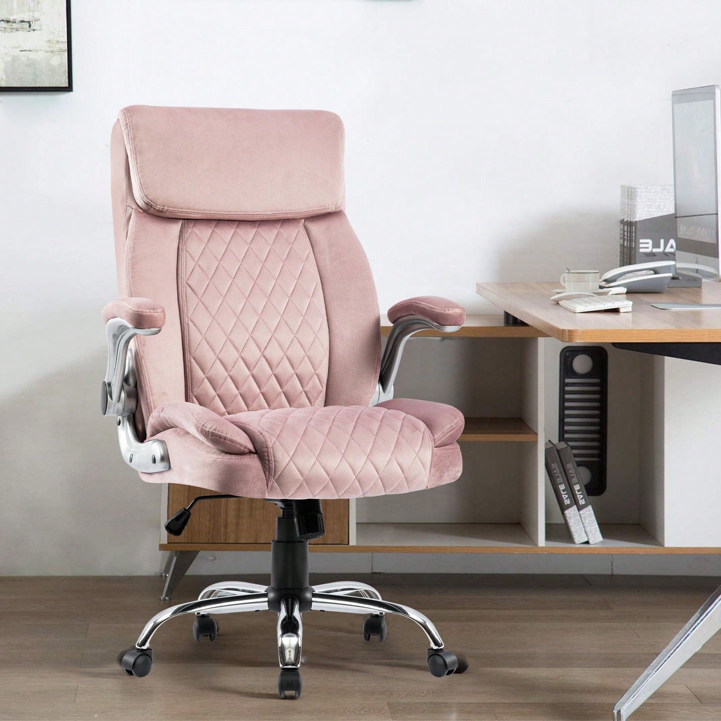 Swivel Velvet Executive Office Chair With Adjustable Height, Tilt, And Flip-Up Armrests