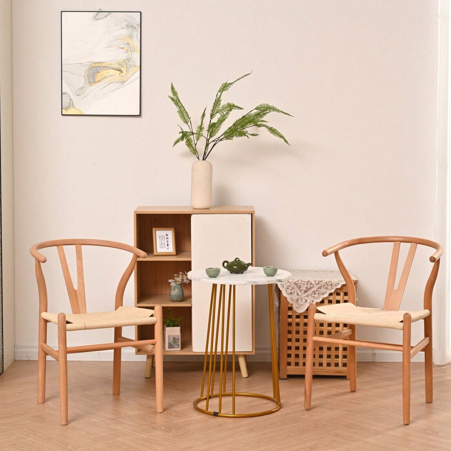 Natural Solid Wood Wishbone Design Backrest Chair With Canvas Seat For Dining Room And Kitchen - Set Of 2 Chairs For Home And Office Use
