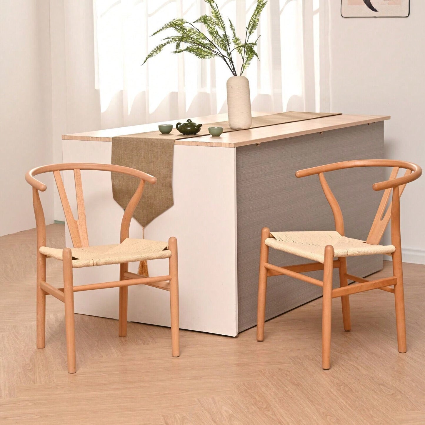 Natural Solid Wood Wishbone Design Backrest Chair With Canvas Seat For Dining Room And Kitchen - Set Of 2 Chairs For Home And Office Use