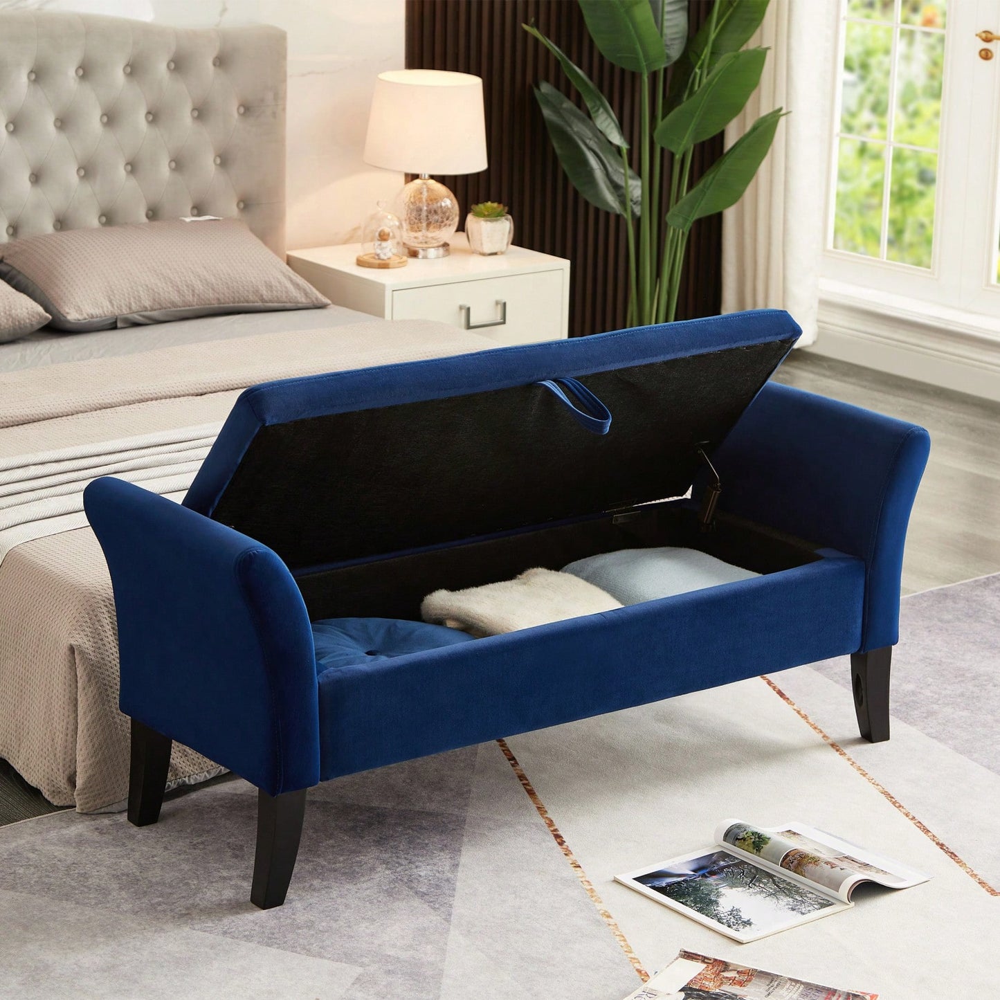 Bed Bench With Storage Navy Blue Velvet