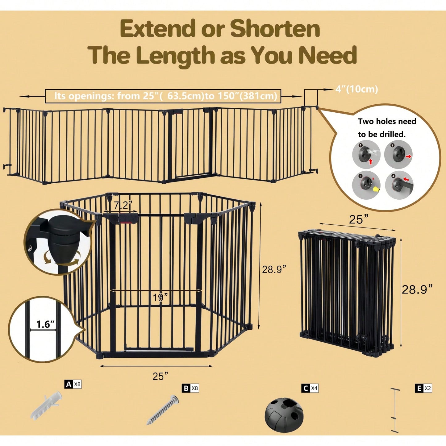 Configurable 6 Panel Metal Safety Gate for Pets and Kids - Versatile Play Yard and Barrier with Walk Through Door for Stairs and Fireplaces