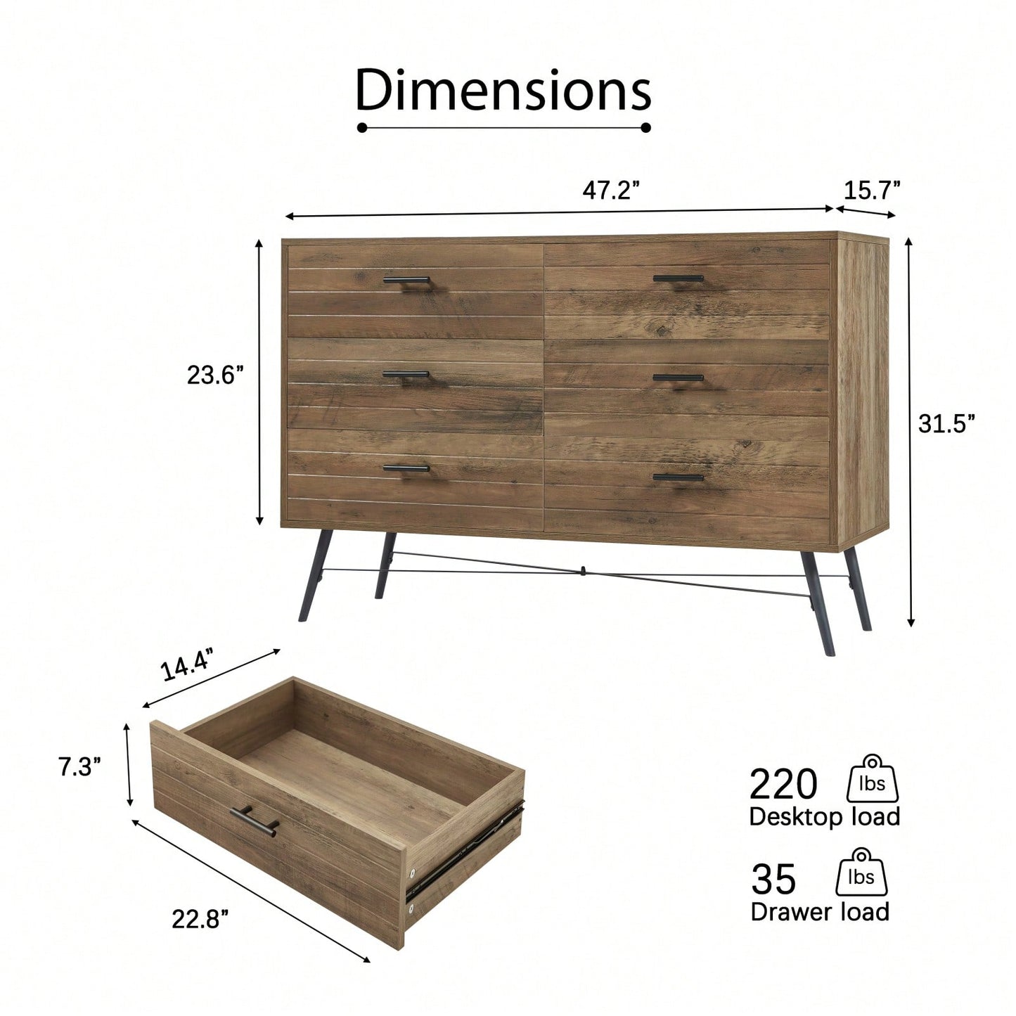 6 Drawer Dresser and TV Stand with Large Storage for Bedroom and Hallway 47.2W x 15.7D x 31.5H