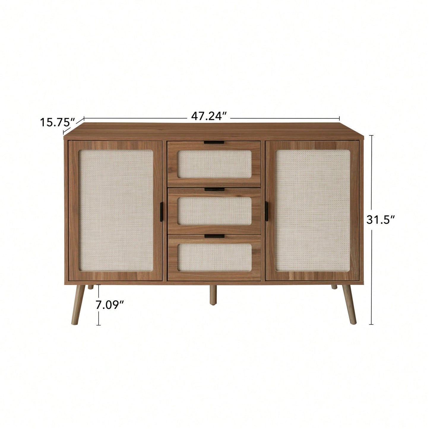 2 Door 3 Drawer Accent Storage Cabinet with Rattan and Pine Feet Adjustable Shelves Moisture-Proof Scratch Resistant for  Dining Room Study