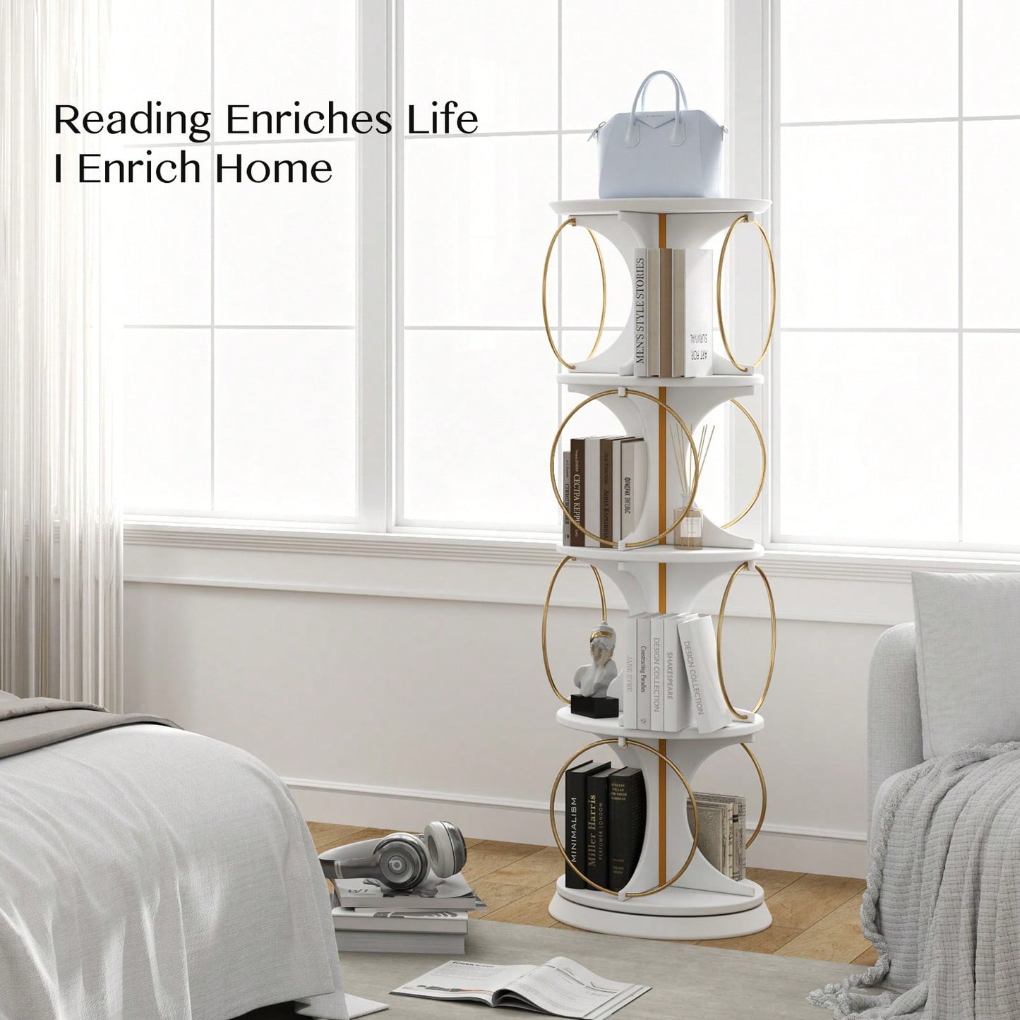 4 Tier Rotating Display Shelf Floor Standing Organizer Modern Style Holds Books And Displays Suitable For Living Room And Bedroom