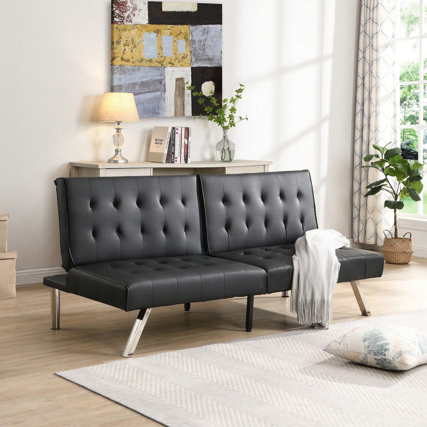 Black PVC Sofa Bed Multifunctional Design For Living Room, Bedroom, Dorm Or Office - Easy Assembly And Space Saving Single Bed Option