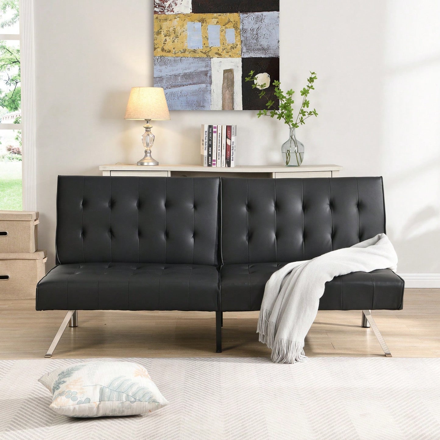 Black PVC Sofa Bed Multifunctional Design For Living Room, Bedroom, Dorm Or Office - Easy Assembly And Space Saving Single Bed Option