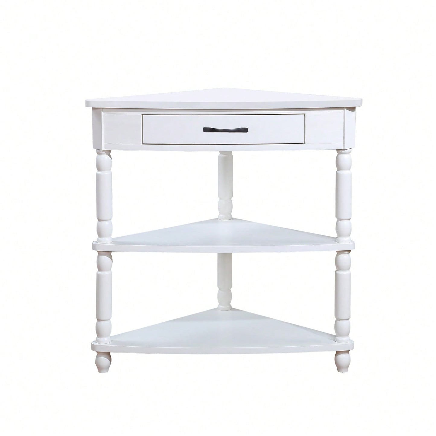 Small Triangle Corner Table with 3 Tiers Solid Wood Legs Space Saving Design Waterproof Milk White Finish
