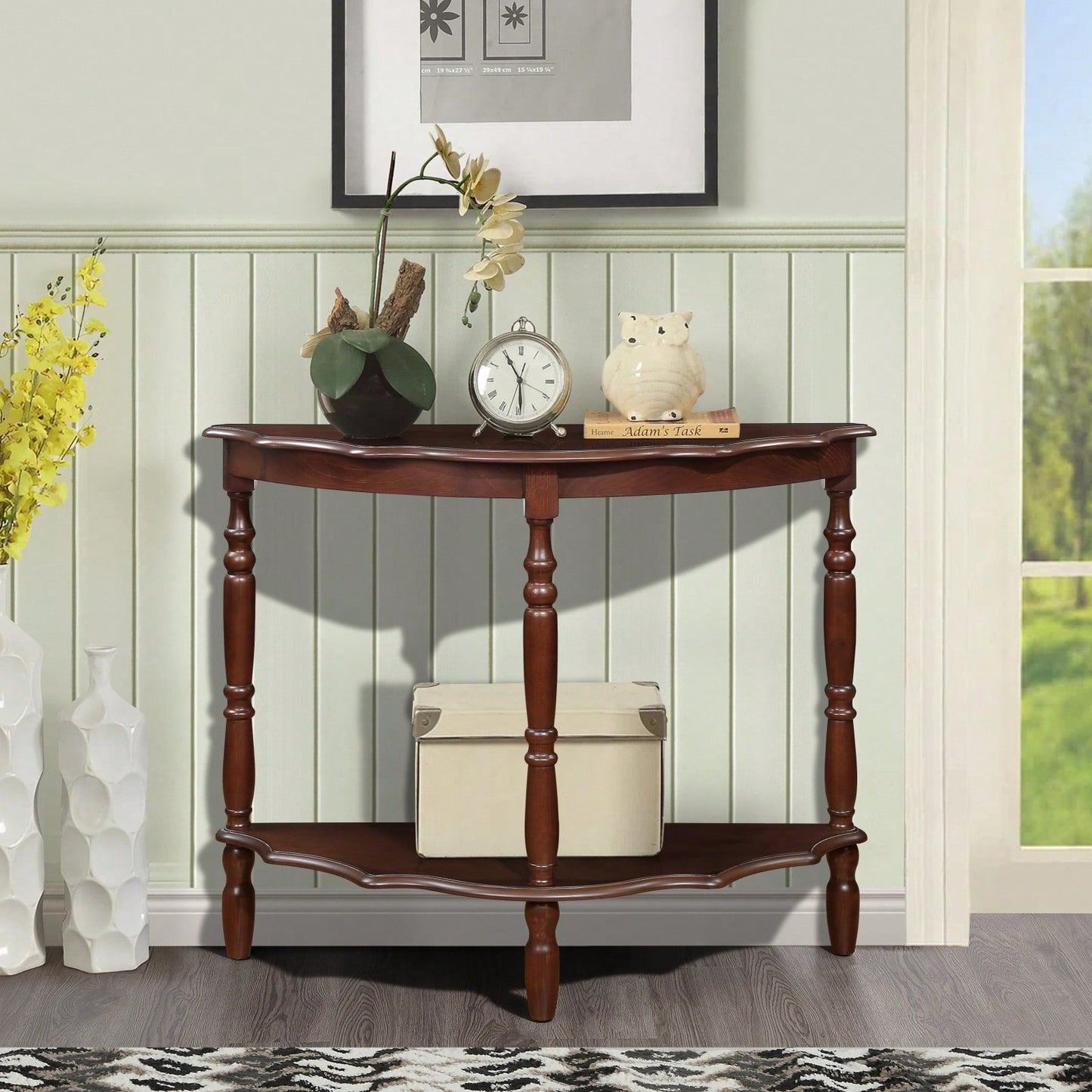 Retro Half-Moon Console Table with Cloud Design Top and Open Shelf Solid Wood Frame for Stylish Home Storage