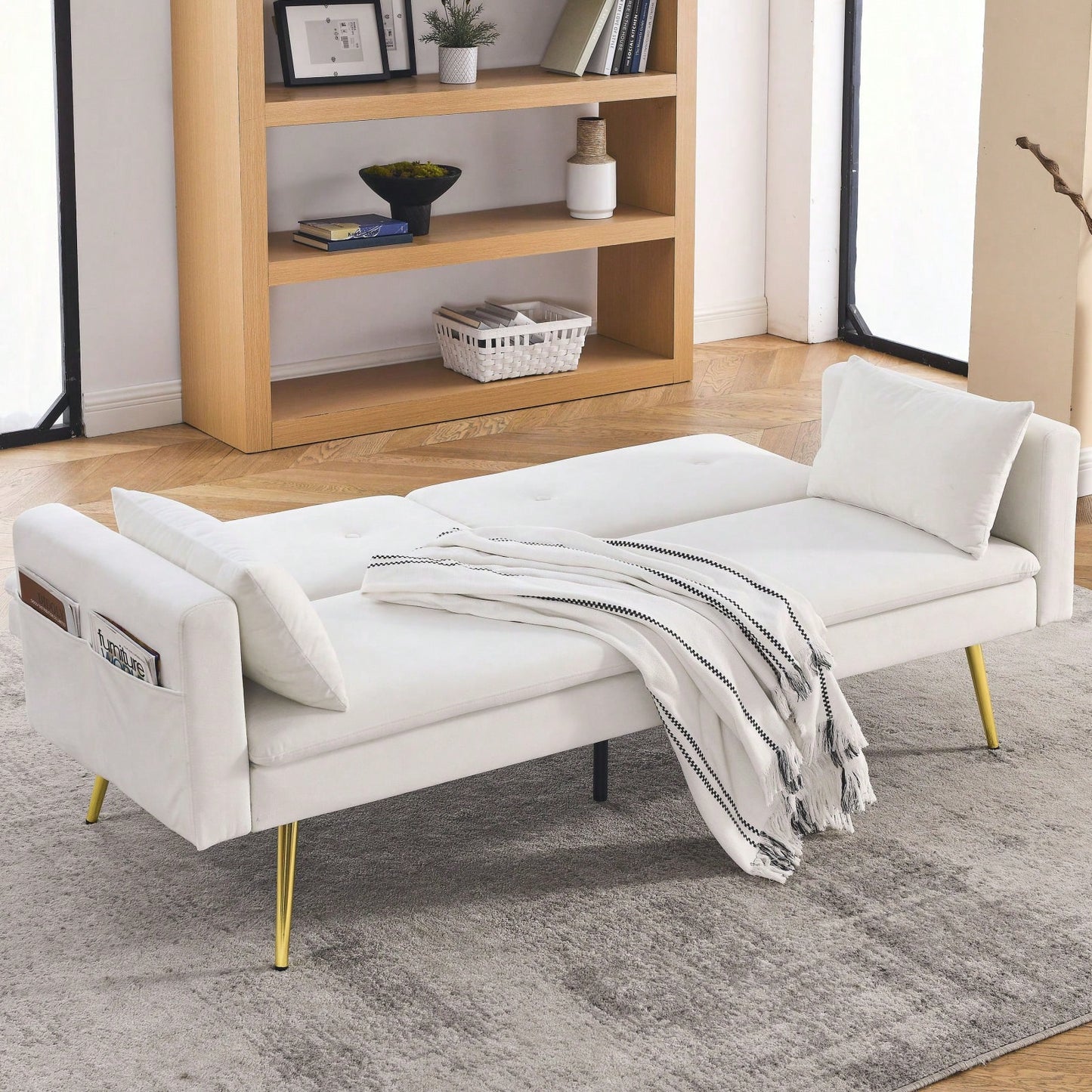 Modern Velvet Convertible Sleeper Sofa 2 in 1 Futon Bed with Recliner Design Soft Fabric Easy Assembly