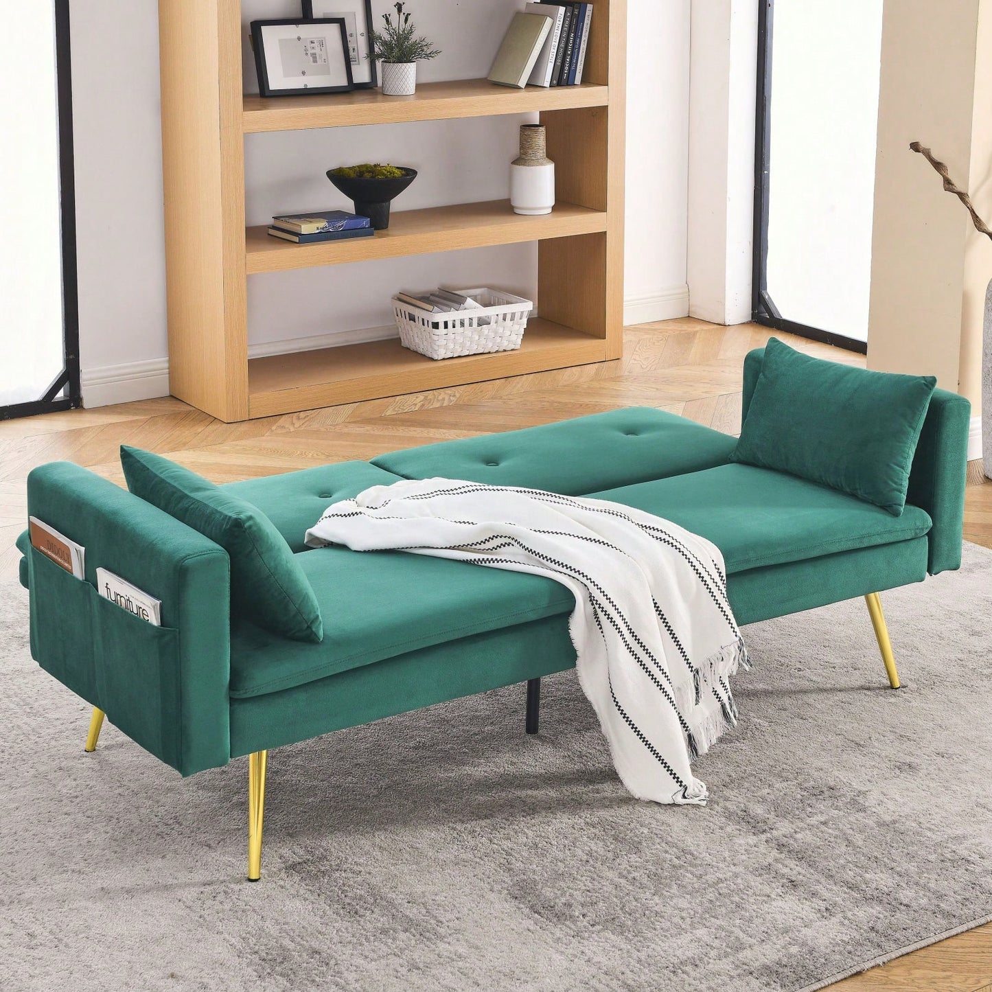 Modern Velvet Convertible Sleeper Sofa 2 in 1 Futon Bed with Recliner Design Soft Fabric Easy Assembly