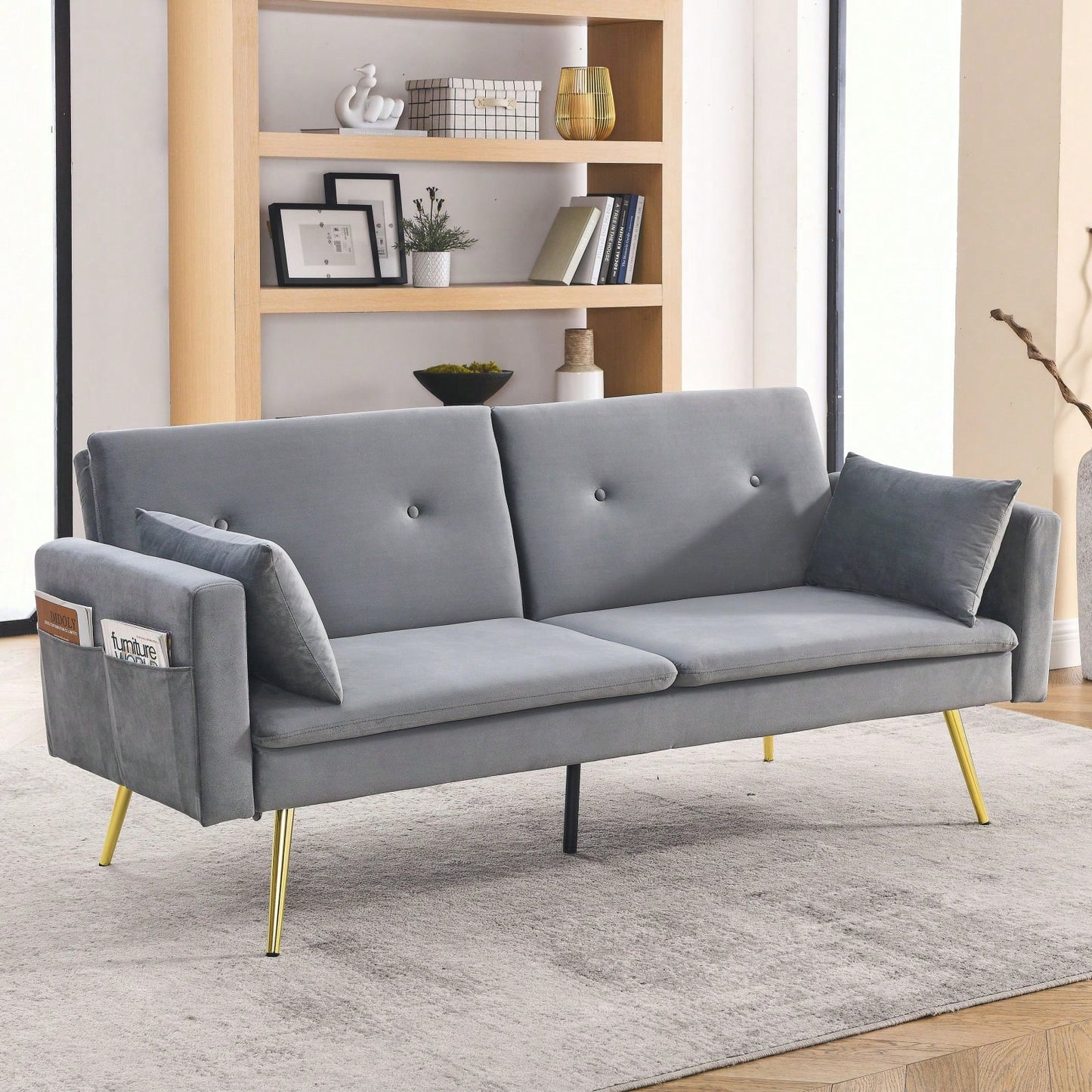 Modern Velvet Convertible Sleeper Sofa 2 in 1 Futon Bed with Recliner Design Soft Fabric Easy Assembly