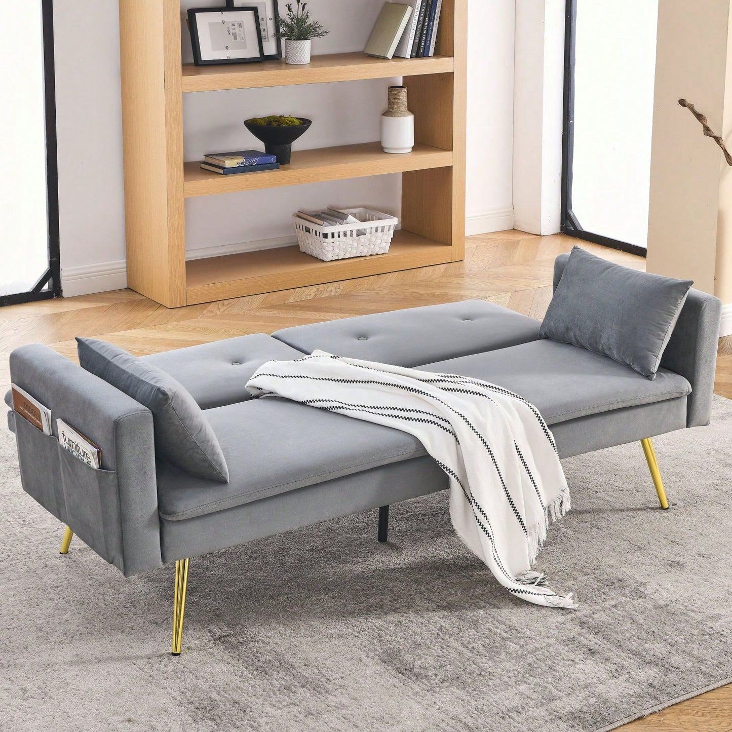 Modern Velvet Convertible Sleeper Sofa 2 in 1 Futon Bed with Recliner Design Soft Fabric Easy Assembly