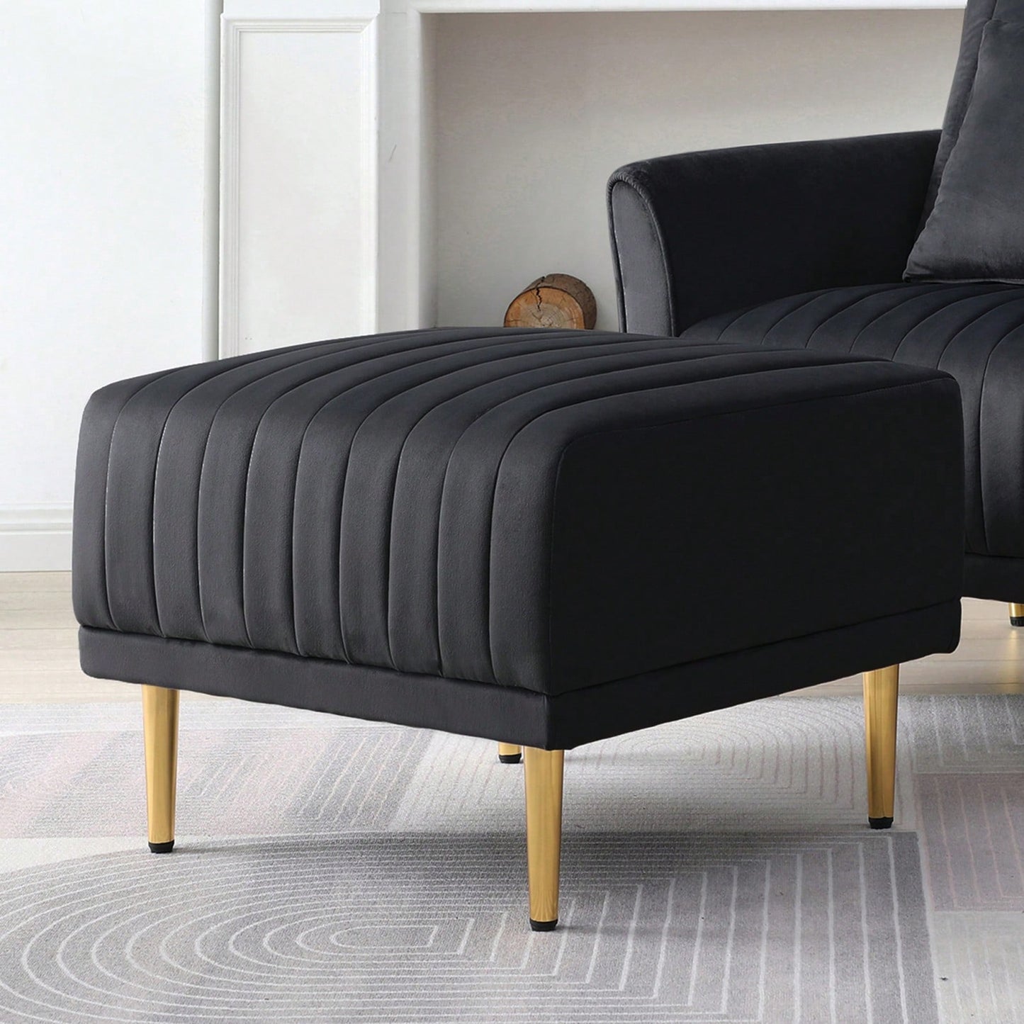 Velvet Channel Tufted Ottoman with Metal Legs for Sectional Sofa Art Deco Style