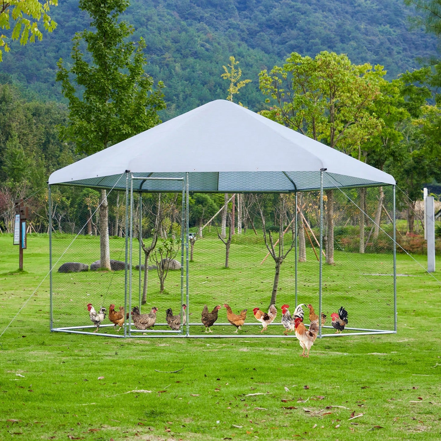 Large Metal Chicken Coop Hexagonal Steel Wire Mesh Outdoor House For Ducks, Rabbits, Sheep, Birds - Waterproof And UV Resistant (13.1*8.6ft)