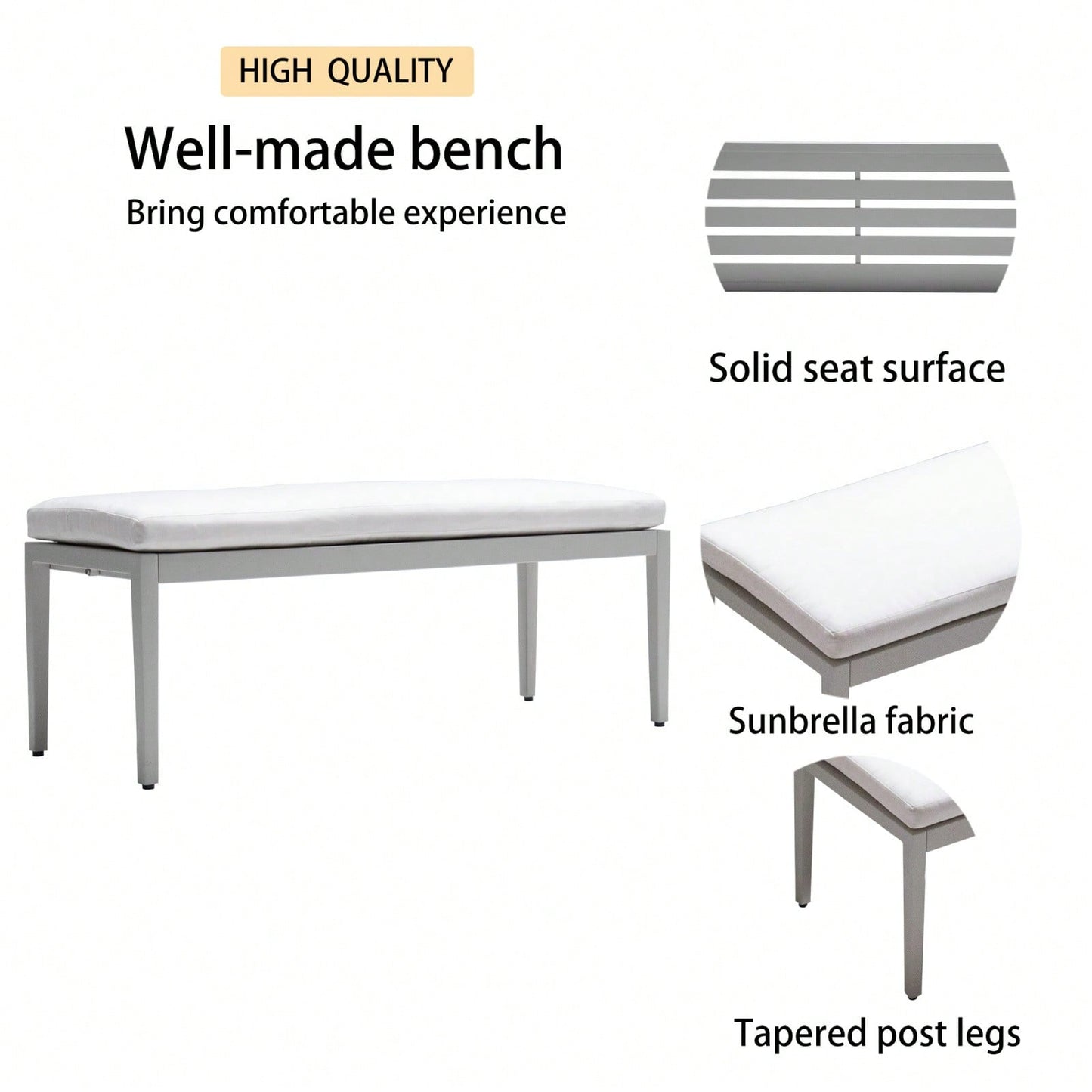 Outdoor Patio Aluminum Stationary Bench With Sunbrella Fabric Cushion, Grayish - Stylish And Durable Seating For Outdoor Spaces