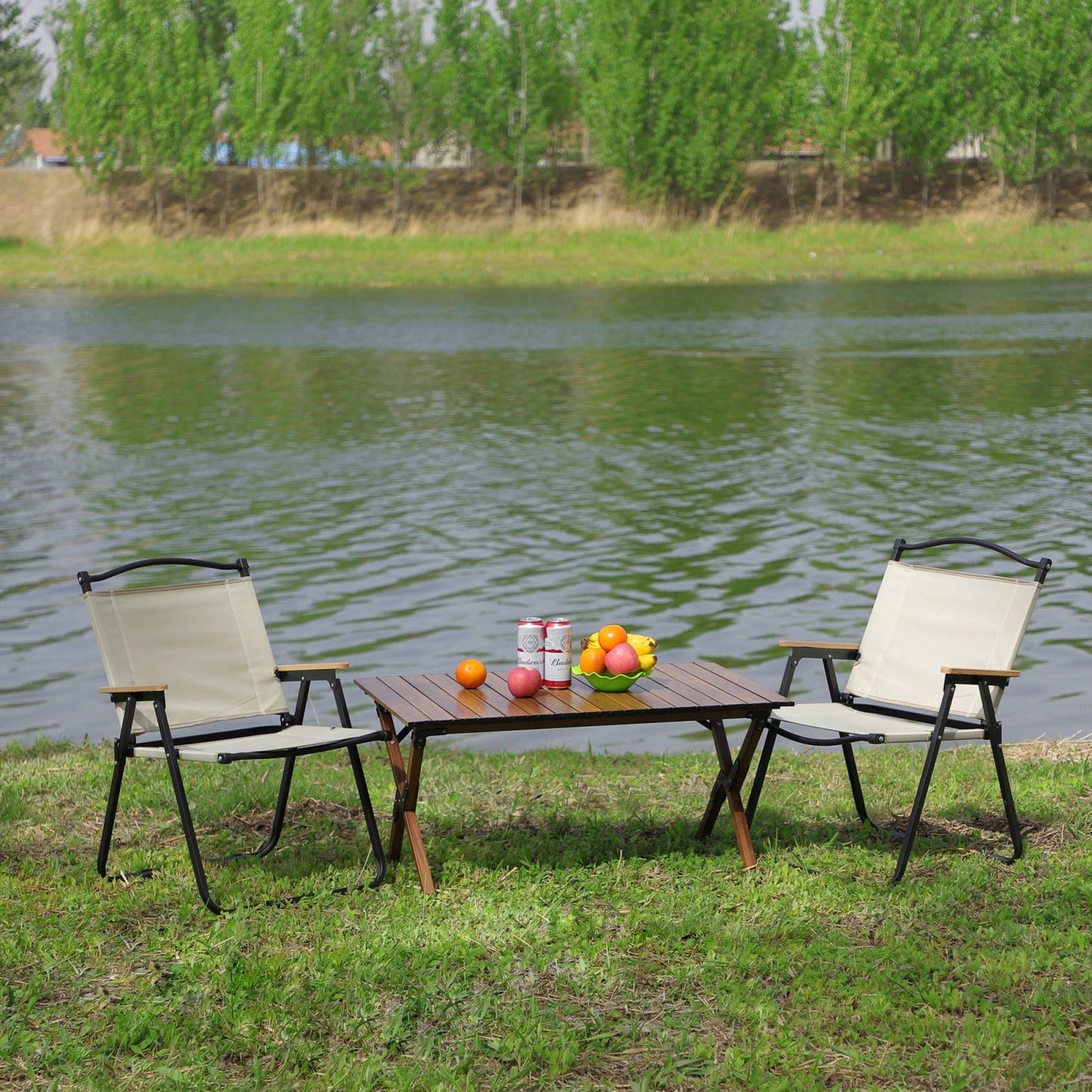 3-Piece Folding Outdoor Table And Chairs Set, Lightweight Aluminum Roll-Up Square For Camping And Picnics, Brown/Beige