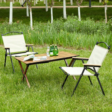 3-Piece Folding Outdoor Table And Chairs Set, Lightweight Aluminum Roll-Up Square For Camping And Picnics, Brown/Beige