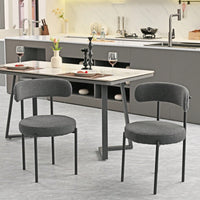 Mid-Century Modern Boucle Dining Chairs Set of 2 Curved Backrest Velvet Upholstered Kitchen Chairs with Black Metal Legs