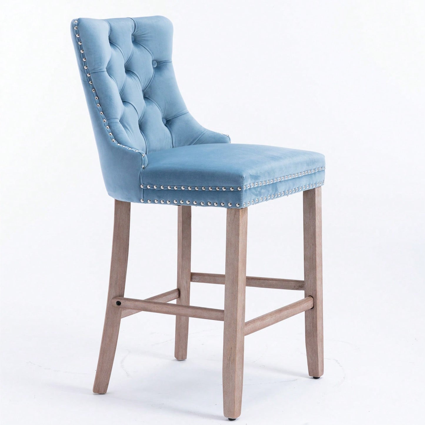 Contemporary Velvet Upholstered Barstools With Button Tufted Decoration And Wooden Legs, Chrome Nailhead Trim - Set Of 2 (Baby Blue)