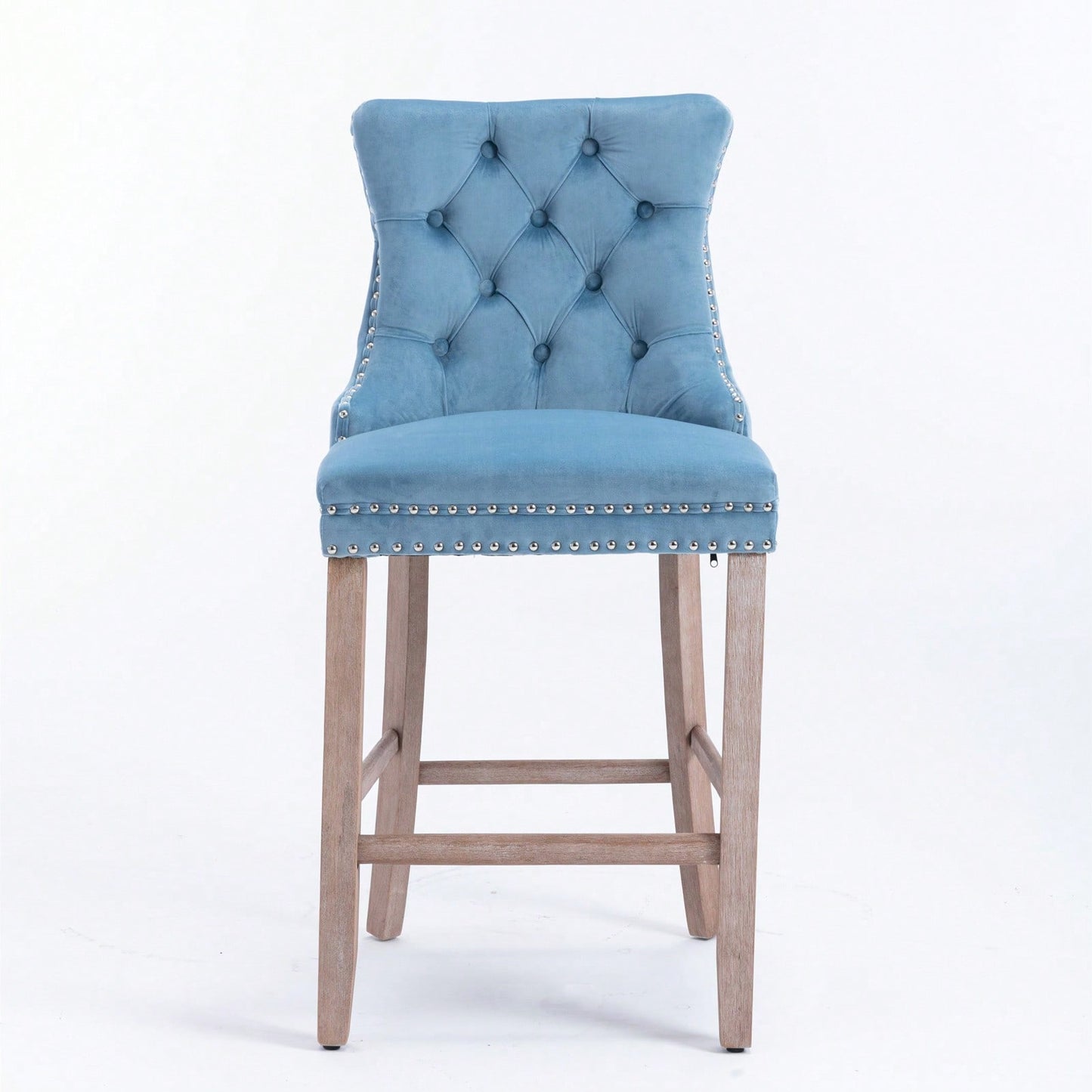 Contemporary Velvet Upholstered Barstools With Button Tufted Decoration And Wooden Legs, Chrome Nailhead Trim - Set Of 2 (Baby Blue)