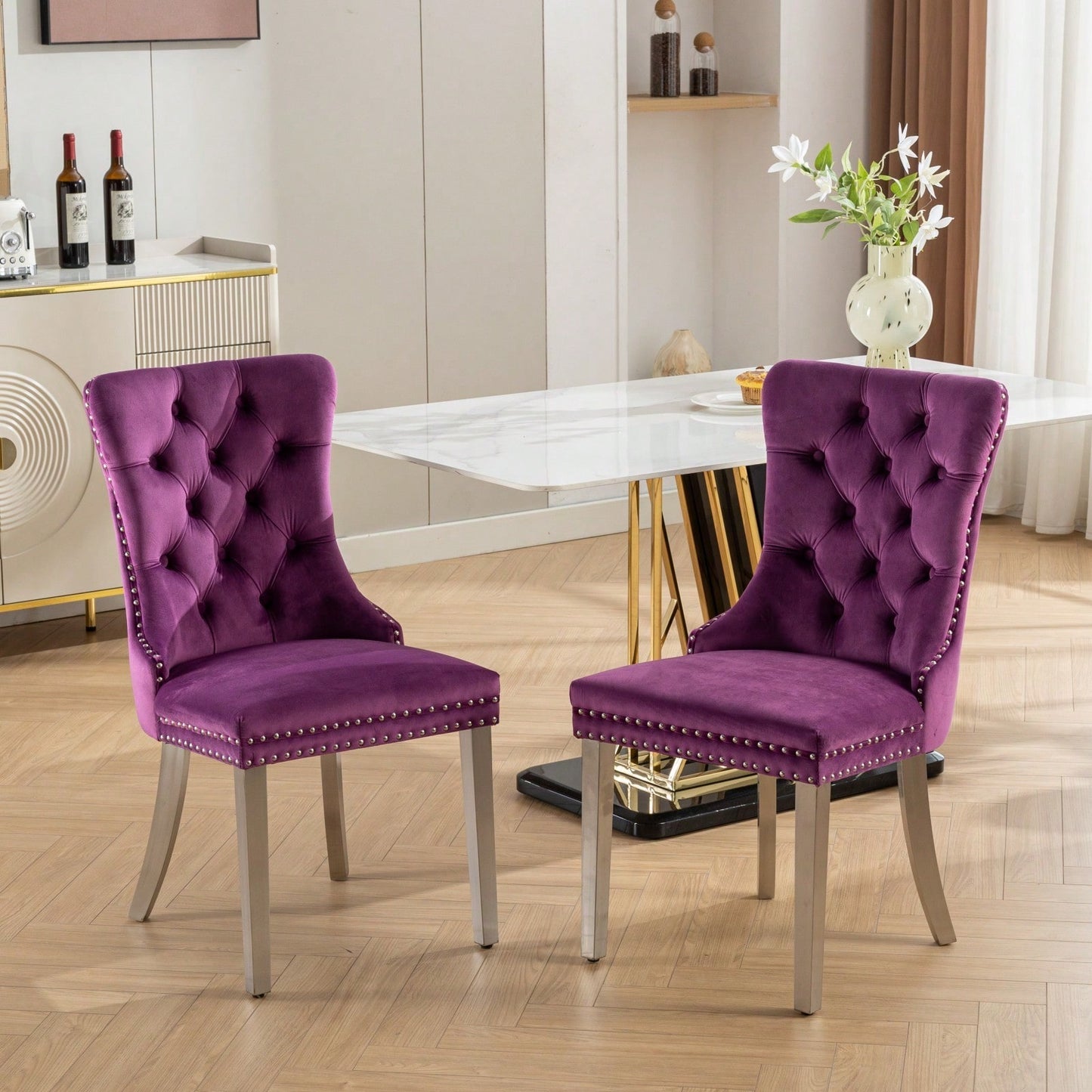 Modern Velvet Upholstered Dining Chair With Chrome Stainless Steel Legs, Nailhead Trim, Set Of 2, Purple And Chrome