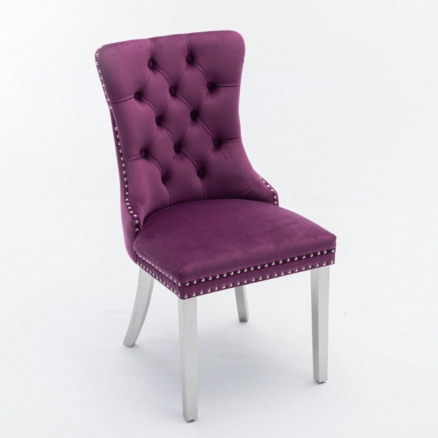 Modern Velvet Upholstered Dining Chair With Chrome Stainless Steel Legs, Nailhead Trim, Set Of 2, Purple And Chrome