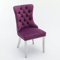 Modern Velvet Upholstered Dining Chair With Chrome Stainless Steel Legs, Nailhead Trim, Set Of 2, Purple And Chrome
