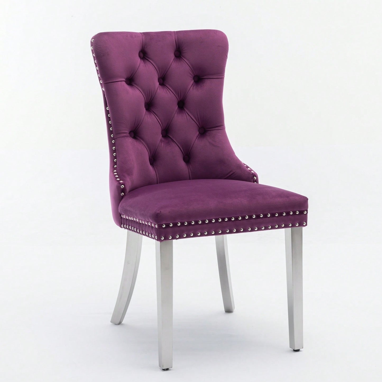 Modern Velvet Upholstered Dining Chair With Chrome Stainless Steel Legs, Nailhead Trim, Set Of 2, Purple And Chrome