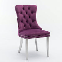 Modern Velvet Upholstered Dining Chair With Chrome Stainless Steel Legs, Nailhead Trim, Set Of 2, Purple And Chrome