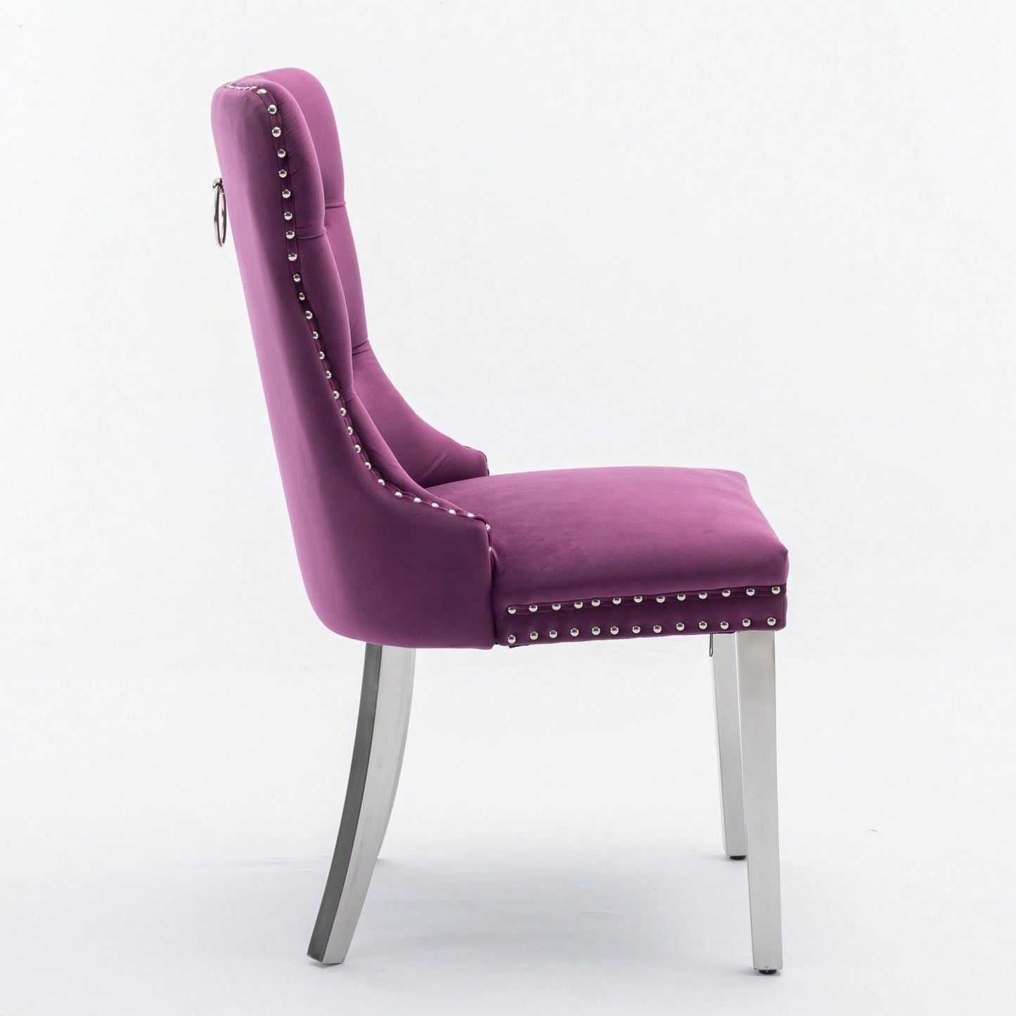 Modern Velvet Upholstered Dining Chair With Chrome Stainless Steel Legs, Nailhead Trim, Set Of 2, Purple And Chrome
