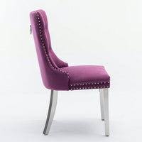 Modern Velvet Upholstered Dining Chair With Chrome Stainless Steel Legs, Nailhead Trim, Set Of 2, Purple And Chrome
