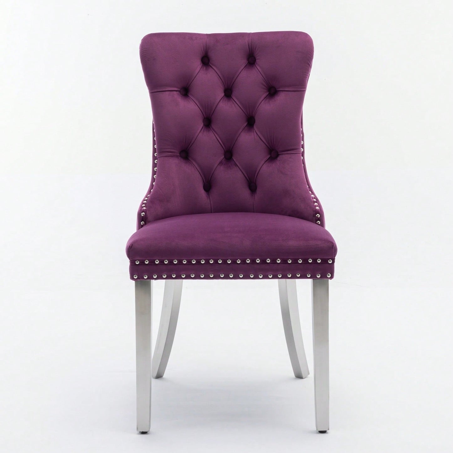 Modern Velvet Upholstered Dining Chair With Chrome Stainless Steel Legs, Nailhead Trim, Set Of 2, Purple And Chrome