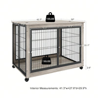 Wooden Dog Crate Side Table On Wheels With Double Doors And Lift Top - 43.7'' W X 30'' D X 31.1'' H