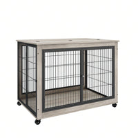 Wooden Dog Crate Side Table On Wheels With Double Doors And Lift Top - 43.7'' W X 30'' D X 31.1'' H