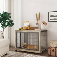 Wooden Dog Crate Side Table On Wheels With Double Doors And Lift Top - 43.7'' W X 30'' D X 31.1'' H