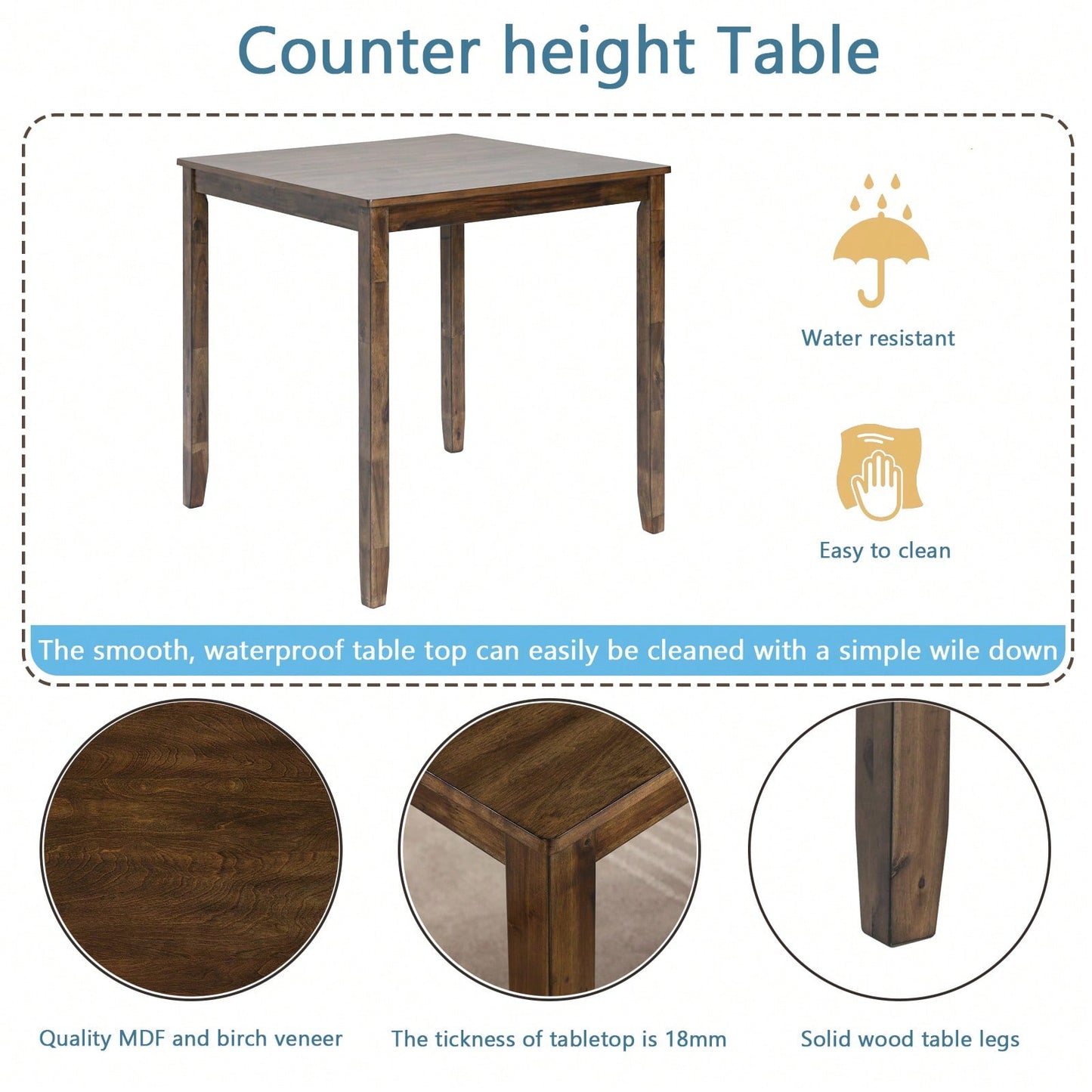 Wooden Dining Square Table, Kitchen Table For Small Space, 4 Person Counter Height Table