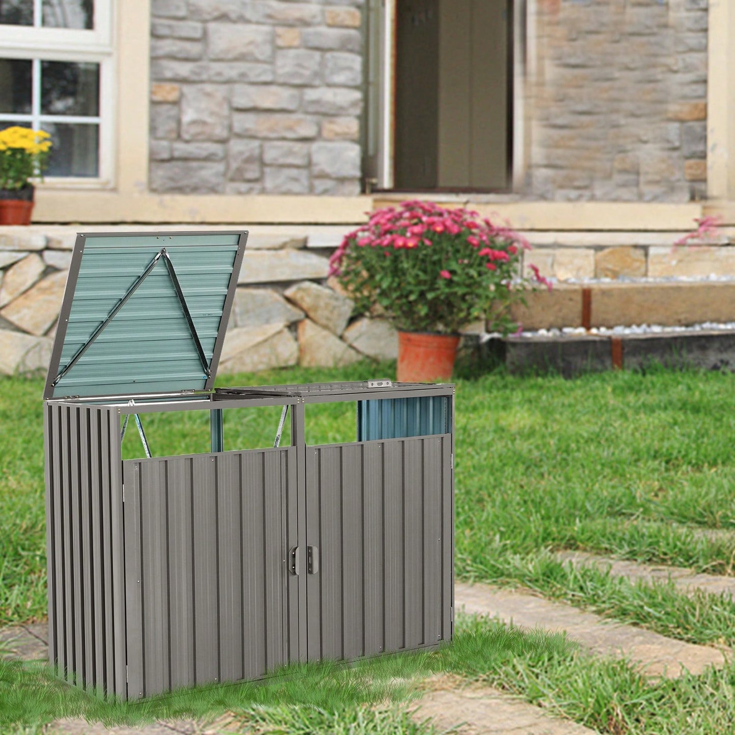 Metal Outdoor Garbage Bin Shed for 2 Trash Cans Galvanized Steel Storage Solution Grey